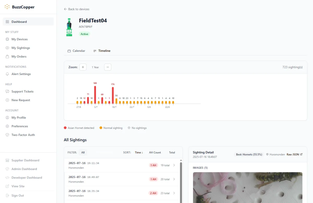 BuzzCopper user dashboard showing device sightings timeline with Asian Hornet detections highlighted in red