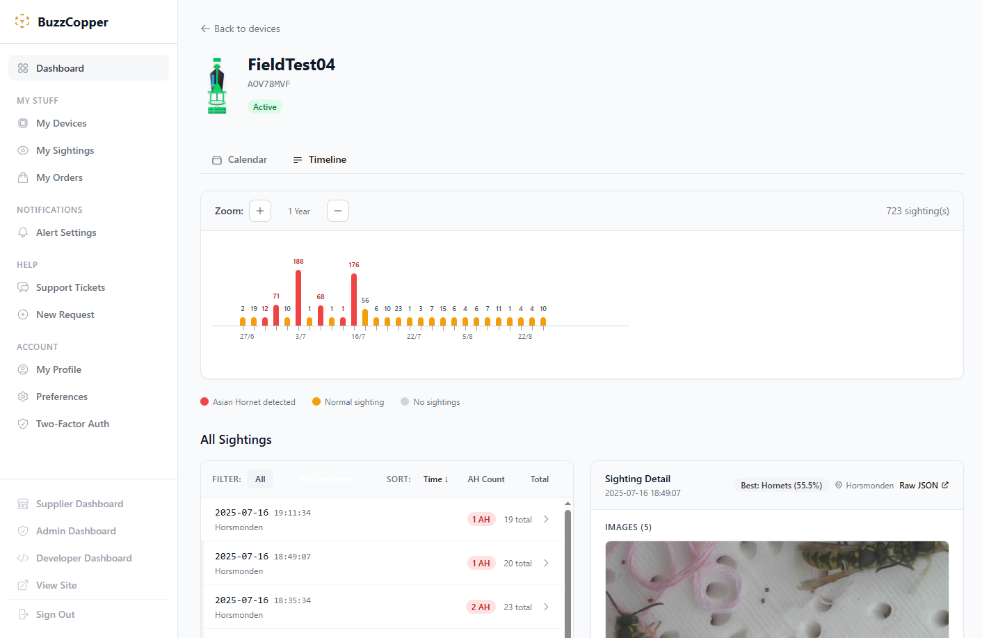 BuzzCopper user dashboard showing device sightings timeline with Asian Hornet detections highlighted in red